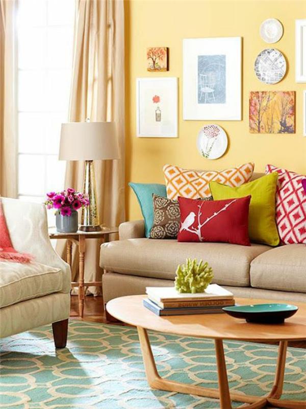 קירות צבעוניים צבע קיר צהוב צבע שטיח ירוק רעיונות לסלון