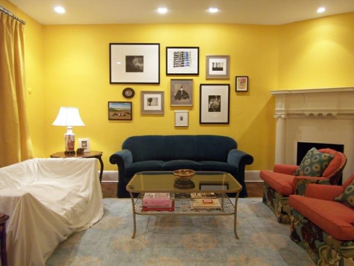 קירות צבעוניים סלון קיר צהוב וילונות צהובים