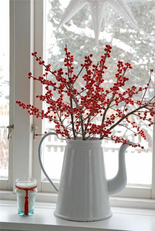 קישוט חלון לחג השקייה לבן חג המולד עששית פירות יער אדומים
