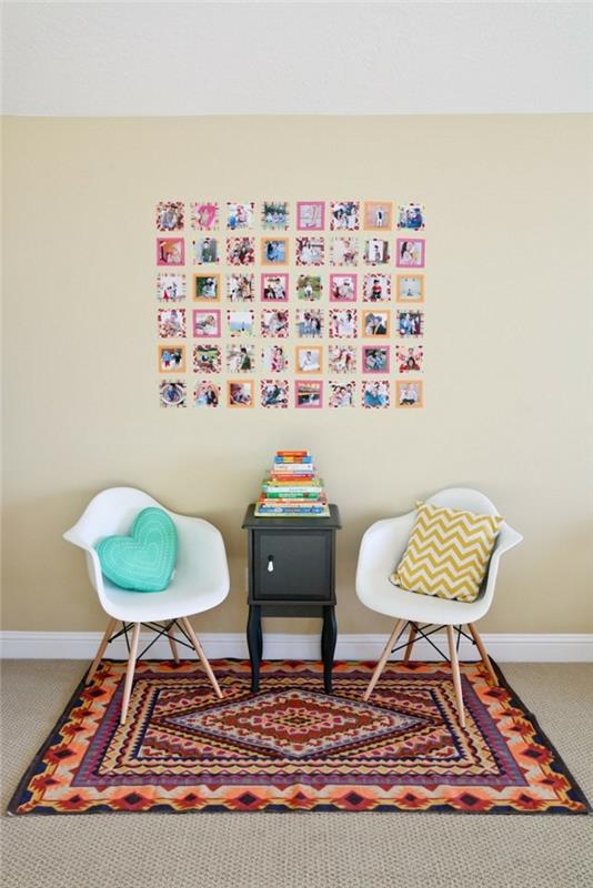 עיצוב קישוט קיר לקיר צילום משלך כיסאות סקנדינביים שטיח ססגוני