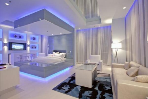 חדר שינה עתידני ספה קטיפה בצבע כחול ניאון בהיר