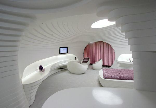חדרי שינה עתידניים מעצבים בצורת שבלול עם מבטאים ורודים
