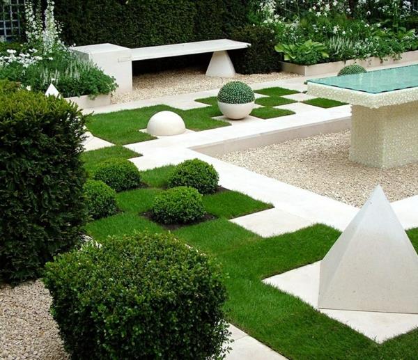 רעיונות לגינה עיצוב גינה דפוסים גיאומטריים דשא ירוק פירמידות בוקס