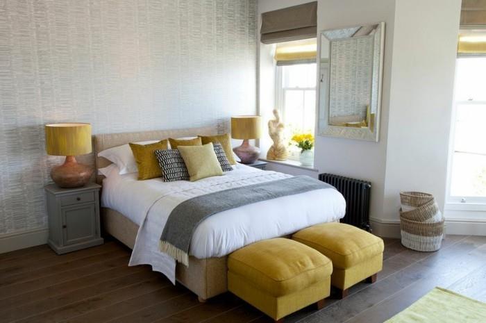 עיצוב חדר שינה שרפרף צהוב עץ רצפת עץ יפה