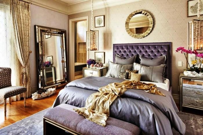 עיצוב חדר שינה מיטות מפוארות וילונות זהב שטיח מראה גדול