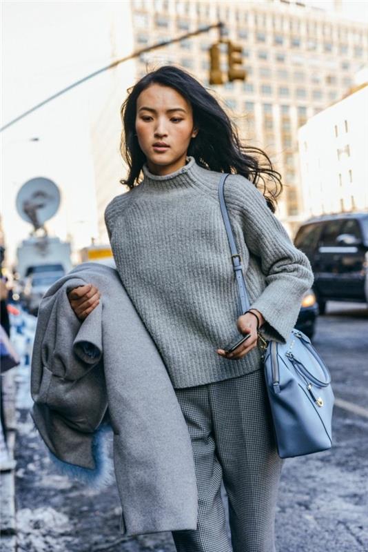 סוודר אפור טרנדים חורפיים לנשים בסגנון ניו יורק קז'ואל