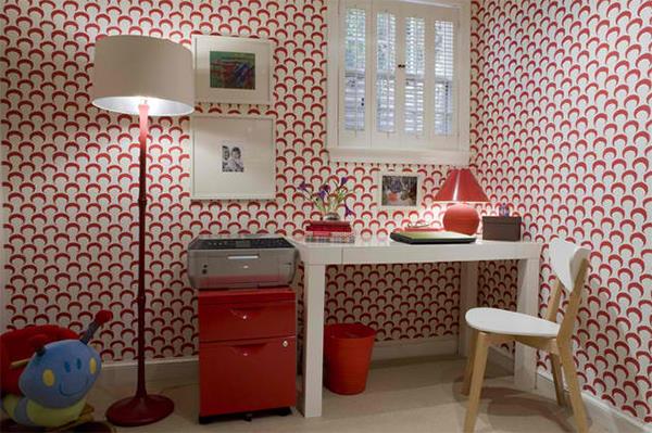 משרד ביתי הגדיר רעיונות לעיצוב קיר חדר עבודה בחדר עבודה בצבע אדום לבן
