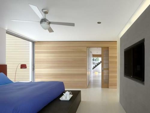 קיר עץ המכסה כיסוי מיטה כחול חדר שינה לעיצוב עץ אמיתי