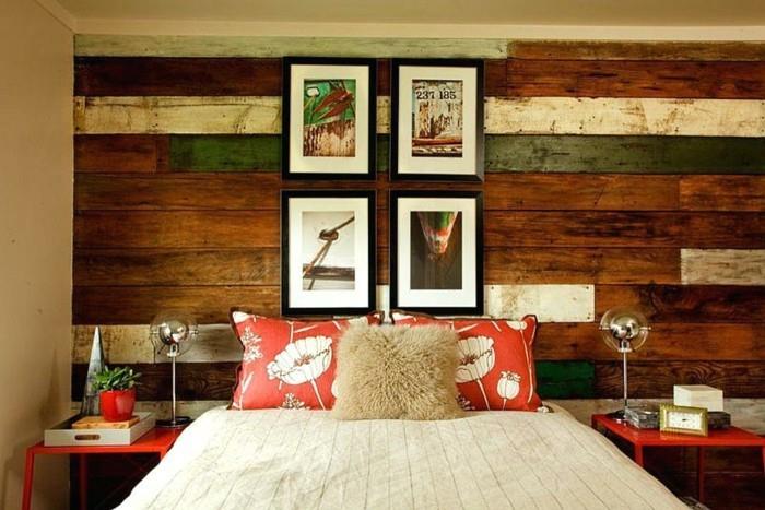 ציפוי עץ עיצוב חדר שינה עם דגשים צבעוניים