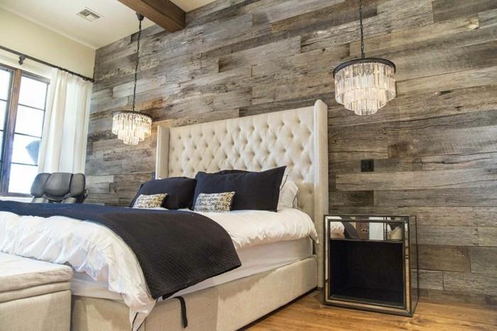 עיצוב קיר קיר חדר שינה ציפוי עץ מנורות תלויות יפות