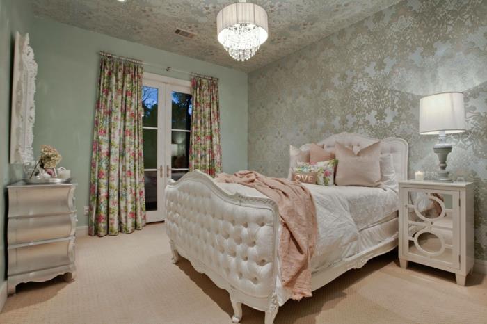 רעיונות חדר שינה טפט תקרה יפה שטיח וילונות ארוכים