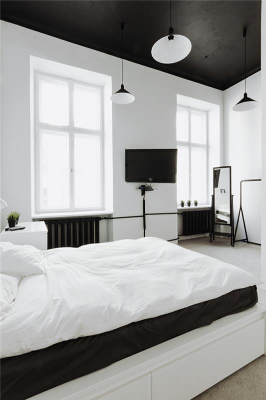 רעיונות חדר שינה צבע קיר לבן אורות תליון תקרה שחורה
