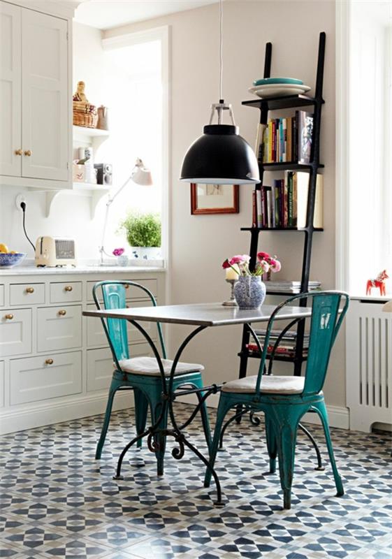 עיצוב מטבח כיסאות מטבח ירוקים בסגנון וינטאג 'ארונות מטבח לבנים