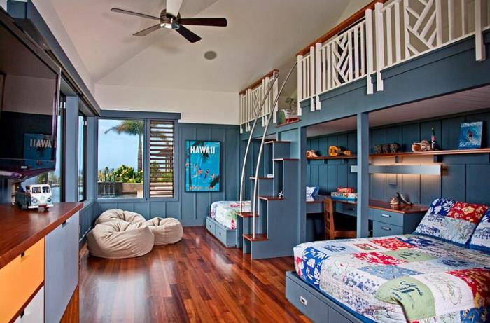 עיצוב חדר ילדים בסגנון טרופי רעיונות לקשט צבע קיר כחול