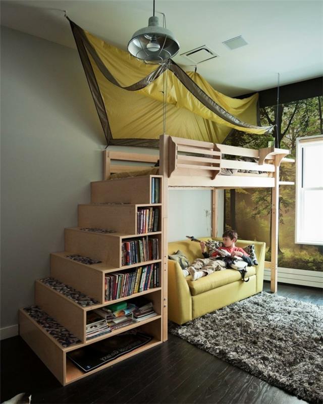 חדר ילדים מיטה לופט עיצוב חדר בנים שטיח שטח אחסון