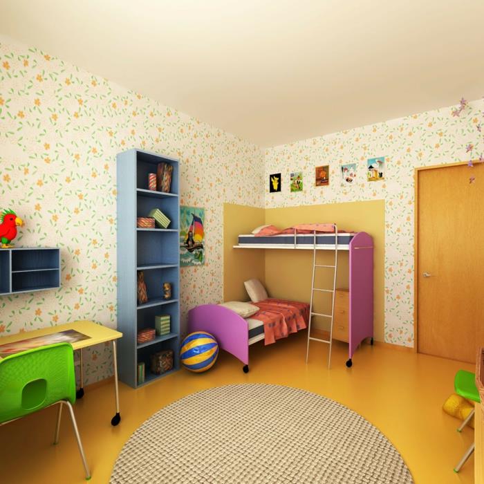 עיצוב רהיטי חדר ילדים עיצוב ציורי קיר יפים פרחים שטיח עגול