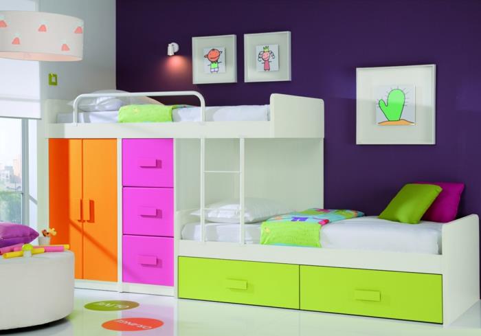 רהיטי חדר ילדים מגירות צבעוניות בצבע קיר סגול