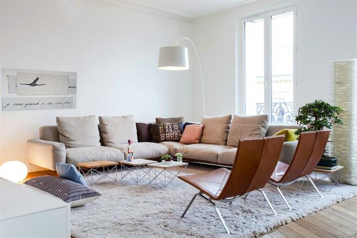 דירות קטנות-סלון רעיונות פינת ספה עור כורסת שולחנות קפה שולחנות צד שטיח ערימה עמוקה