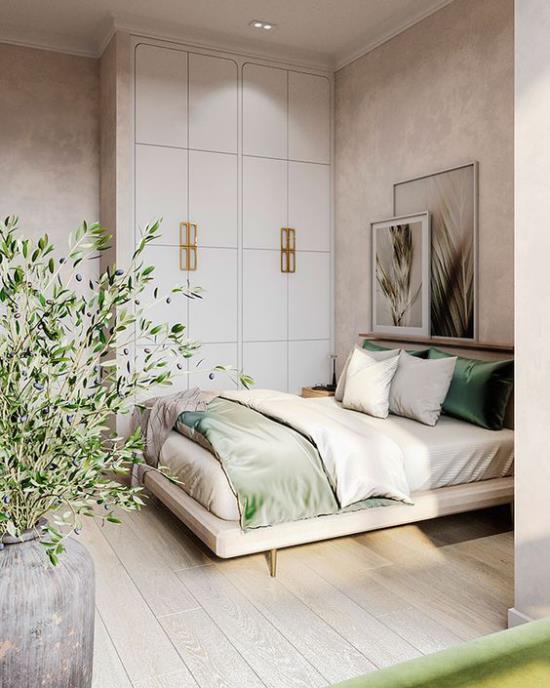 חדר שינה קטן הרחב אופטית אווירה בהירה תקרה ארונות בגדים מובנים שטח אחסון טוב מבטאים ירוקים בהירים