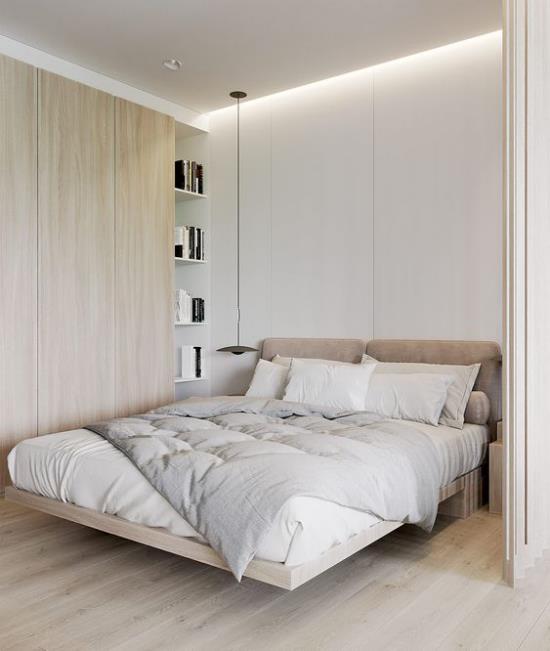 חדר שינה קטן מרחיב אופטית אווירה בהירה תקרה ארונות בגדים מובנים שטח אחסון טוב