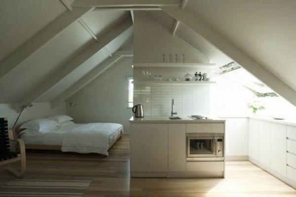 דירה בגג קטן מיטה תקרה משופעת גומחת מטבח