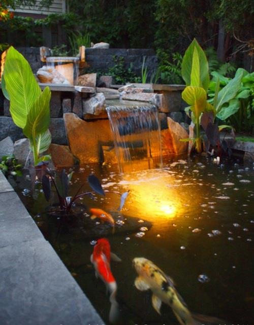 ליצור בריכת קוי בגינה רעיון מפל תאורה מתחת למים