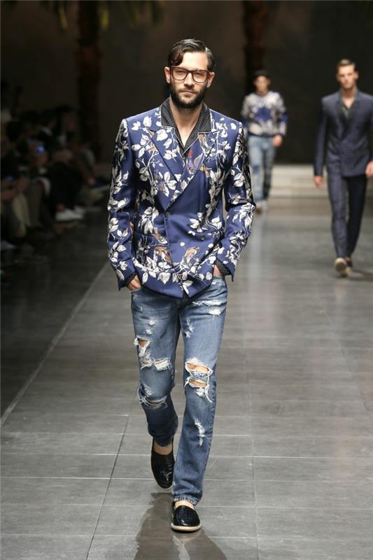 מגמות אופנת גברים 2016 מעיל בסגנון רחוב מזדמן בדוגמת פרחים מכנסי ג'ינס דולצ'ה גבאנה