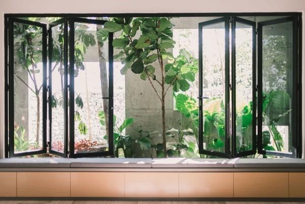 חלון אדריכלות מודרני עם דרך לגינה