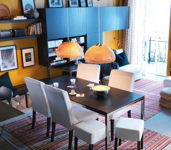 רעיונות עיצוב חדר אוכל מודרניים איקאה מנורות תלויות נוכחות קיר צהוב