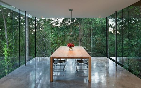 ריהוט חדר אוכל מודרני כסאות שולחן מעץ קירות זכוכית מינימליסטיים