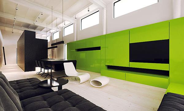 רעיונות פשוטים לעיצוב סלון מודרני קיר ירוק