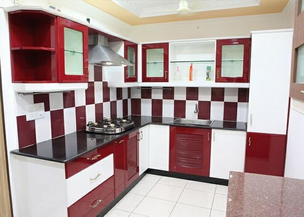 רעיונות לעיצוב מטבחים מודולריים דגם מרובע לבן אדום