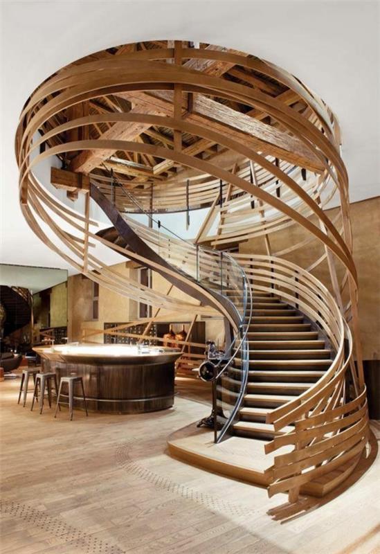 מדרגות מודרניות העשויות מאלמנטים מעץ רעיונות לריהוט כסאות בר