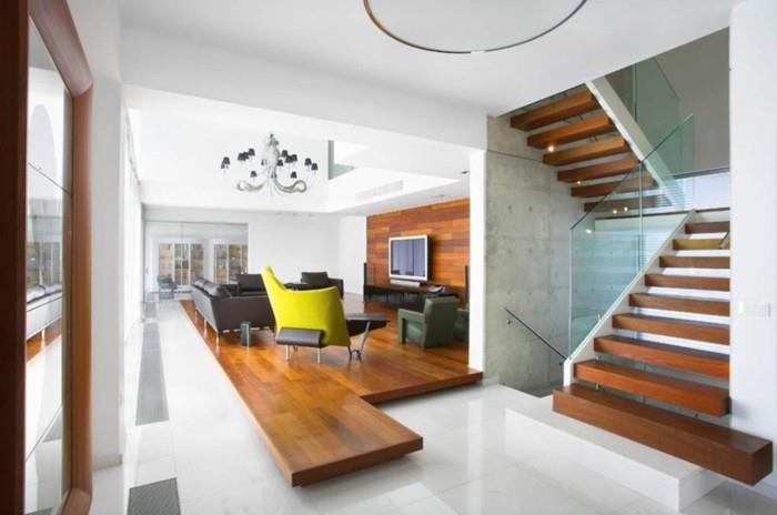 מדרגות מודרניות אריחי רצפה לבנים מעץ תוכנית מגורים פתוחה