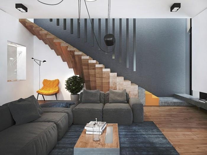 מדרגות מודרניות שטיח אפור עץ סלון
