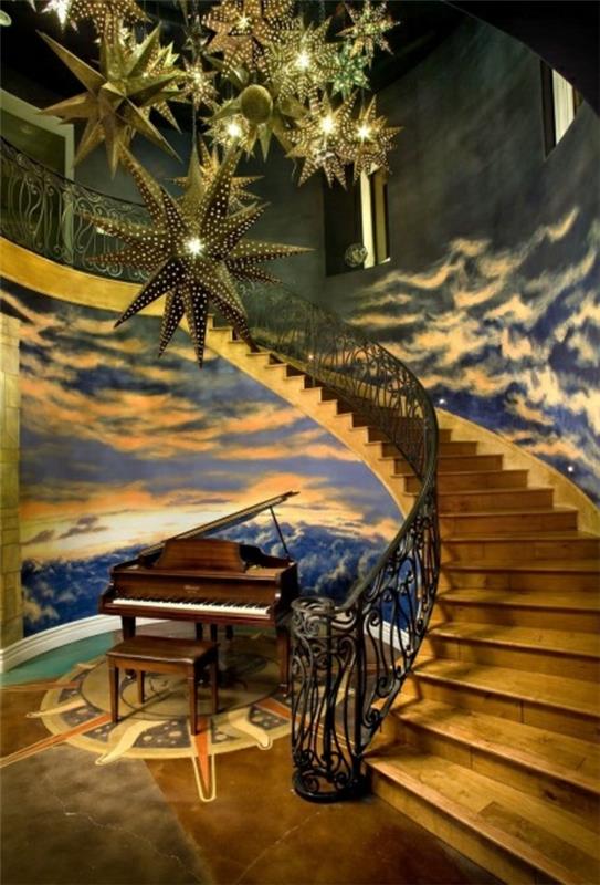 קישוט מדרגות מודרני לקיר פסנתר בעל קישוט עשיר