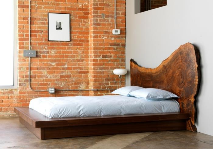 עיצוב מיטת חדר שינה מודרני קיר לבנים עם ראש המיטה הכפרי