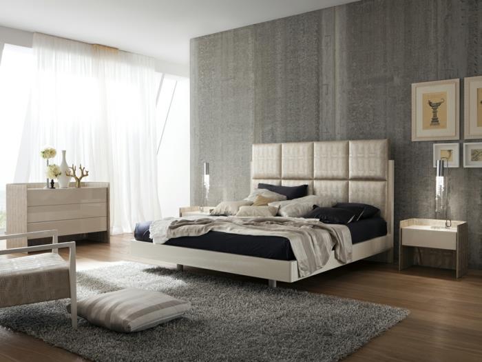 מיטת מיטה בחדר השינה המודרני שטיח אפור וילונות אווריריים