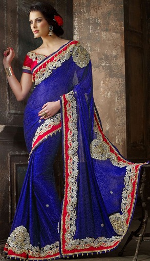 El sari de ropa de fiesta de diseñador rojo y azul