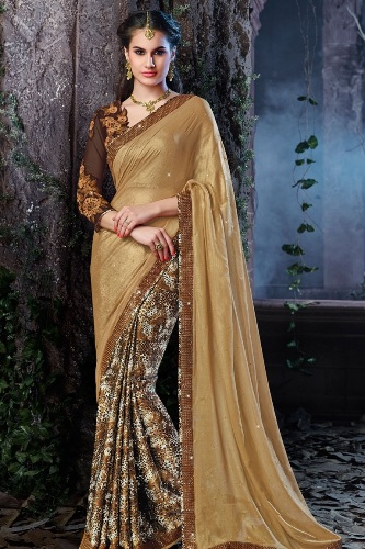 Party Wear Saris-Sari de diseñador dorado