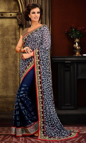 Ropa de fiesta Saris-Azul Ropa de fiesta de diseñador Modelo Sari