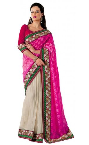 Ropa de fiesta Saris: Sari de ropa de fiesta de diseñador indio rosa con encanto