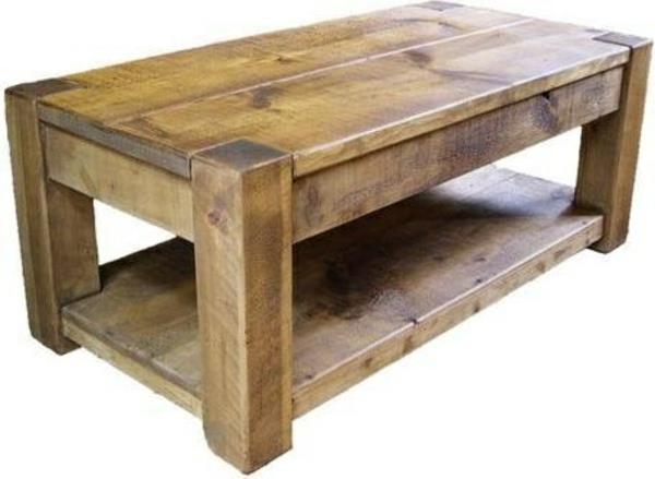 שולחן קפה כפרי מעץ מלא תא תחתון עיצוב פשוט