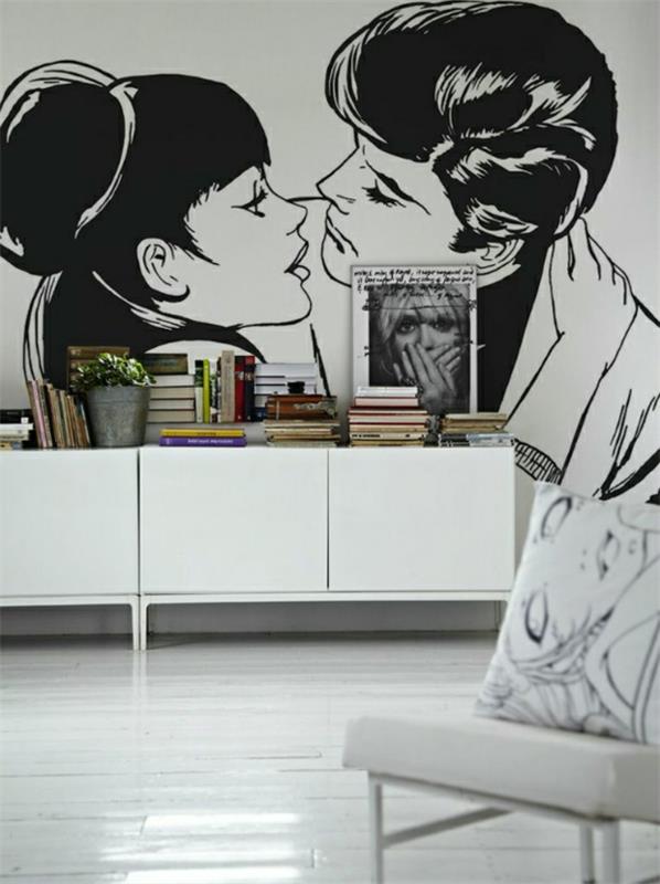 קישוט קיר שיק עם נשיקה בדמויות קומיות בשחור לבן