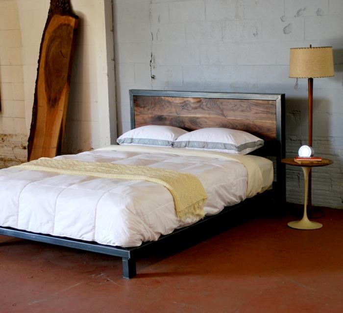 מסגרת מיטה בעיצוב חדר שינה מתכת שולחן צד שחור במראה כפרי