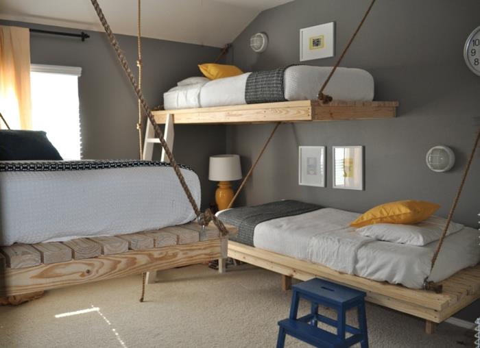 מיטות תלויות בעיצוב חדר שינה חדר ילדים צבע קיר אפור