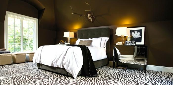ריהוט חדר שינה שטיח מגניב חלון שידה בעיצוב קיר כהה