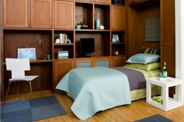חדר שינה מדפי קיר מעץ אלון לגמרי ארונות נישת מיטה