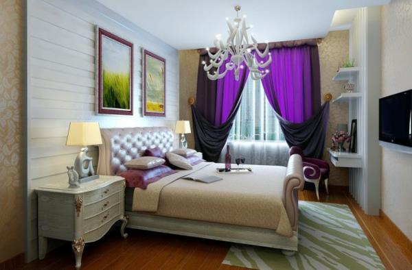 ריהוט חדר שינה עם נברשת וילונות סגולים מפוארים