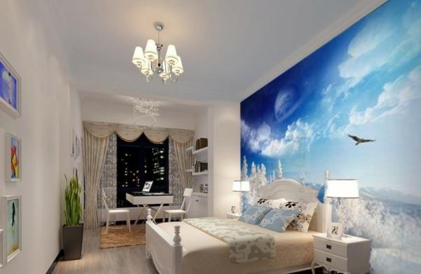 חדר שינה ריהוט טפט קיר עיצוב מיטת מיטה זוגית לבנה